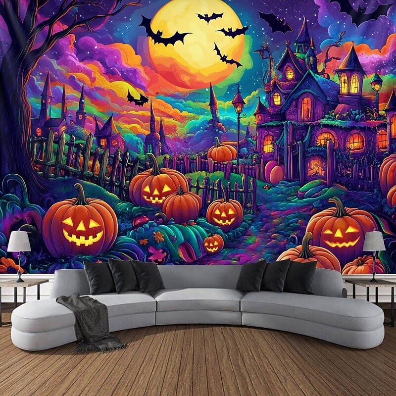 Halloween Decorations Blacklight Tapestry UV Reactive Glow in the Dark Glow Party Jack O Lantern Psychedelic Town Trippy Misty Hanging Tapestry Wall Art Mural for Living Room Bedroom4