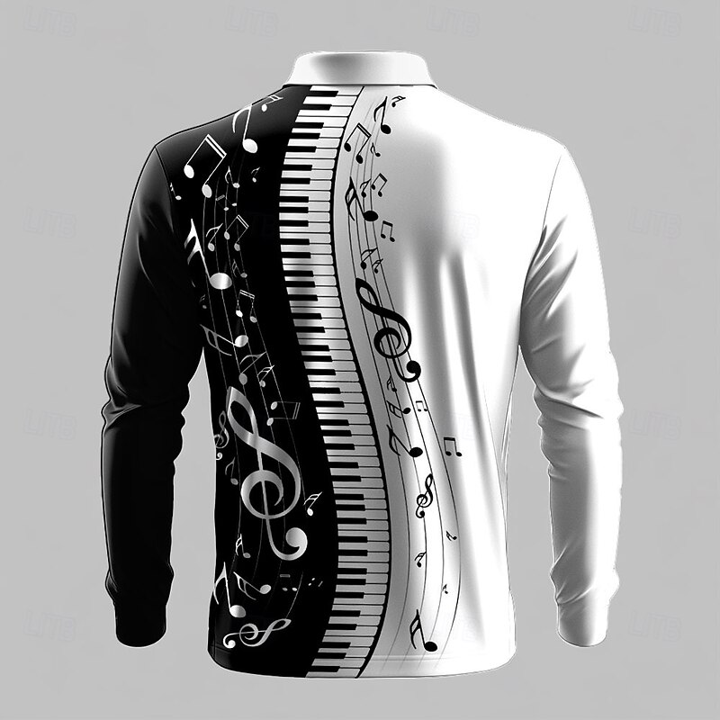 Music Festival Men's Music Polo Shirts Golf Polos Shirts Long Sleeve Polo Shirts Collar Casual Vacation Party Evening Wear Dailywear Buttons 3D Print Spring Fall Black And White2