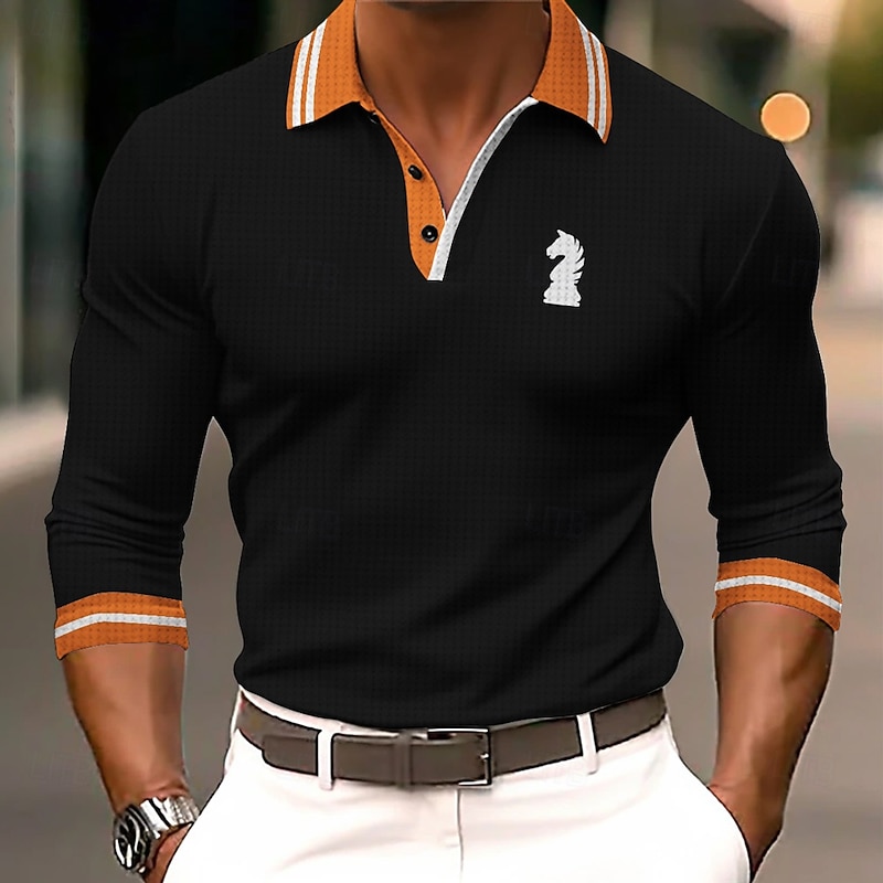 Men's Striped Waffle Polo Shirts Golf Shirt Long Sleeve Polo Shirts Collared Shirts Business Casual WorkWear Formal Wear Festival Wear Buttons 3D Print Spring & Summer Black Blue Orange3