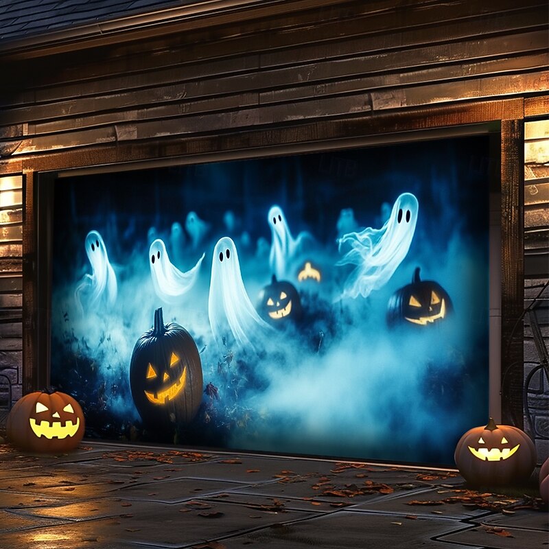Halloween Door Decorations Outdoor Halloween Garage Door Cover Ghosts Banner Pumpkin Skeleton Outside Large Backdrop Decoration for Holiday Outdoor Garage Door Home Wall Decorations 7