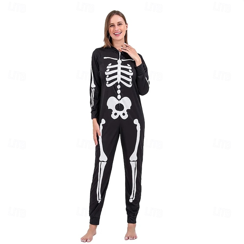 Couples Skull Skeleton Costume Kigurumi Pajamas Halloween Group Family Costumes Kid's Adults' Unisex Party Home Wear Halloween Carnival Easy Halloween Costumes3