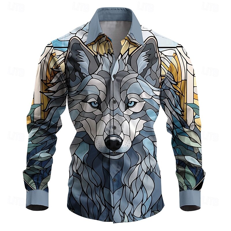 Men's Wolf Button Up Shirt Long Sleeve Artistic Daily Fall Winter Spring & Summer Shirt Collar 3D Print Blue