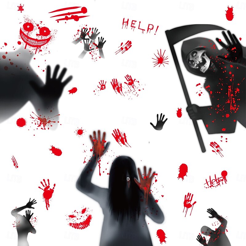 6 Sheets Halloween Window Cling Sticker Decals Decorations Double Side, Bloody Handprint Static Stickers for Halloween Party, Store Window Ghost Shadow Horror Decals4