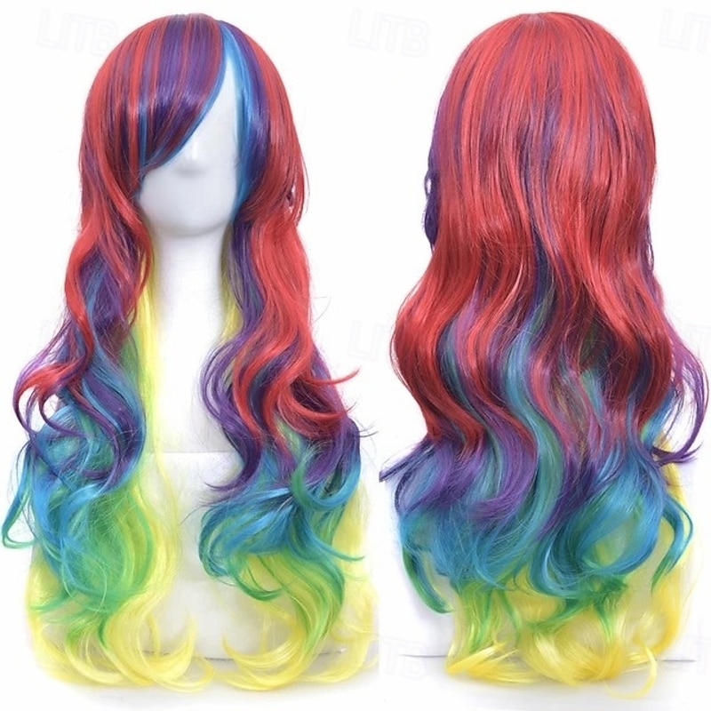 Synthetic Hair Ombre Rainbow Cosplay Wig with Bangs Red Yellow Purple Green Blue Wigs for Black Women Halloween Cosplay Party Wigs3
