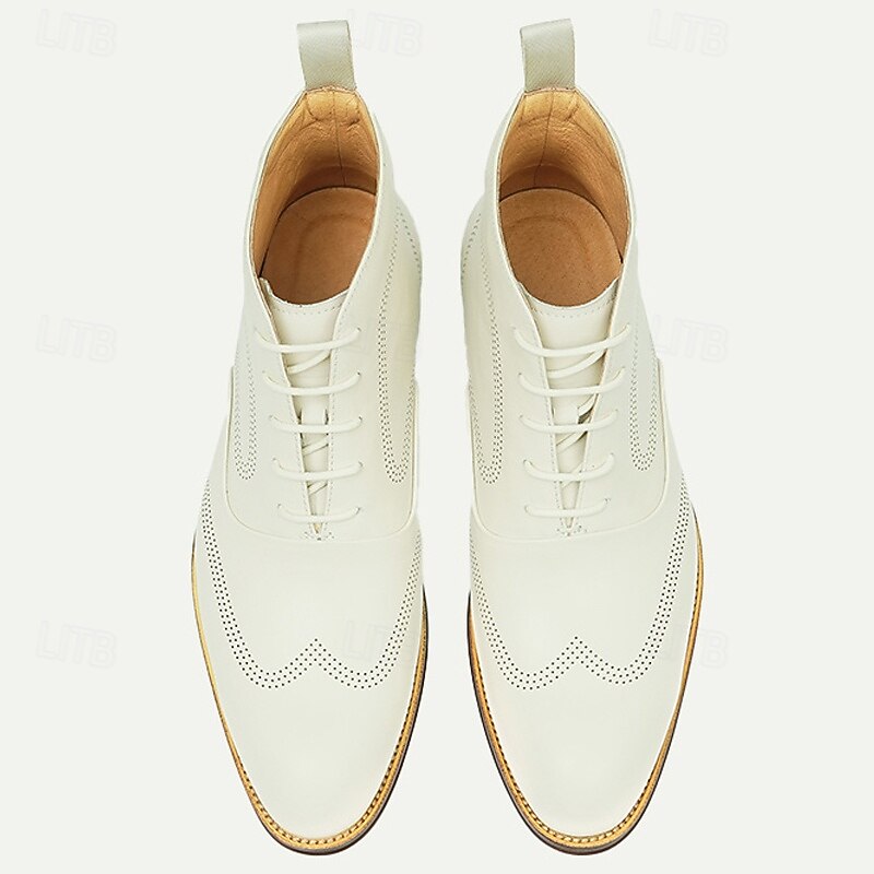 Men's Premium Cowhide White Oxford Boots – Perforated Design, Business Formal Leather Ankle Boots3