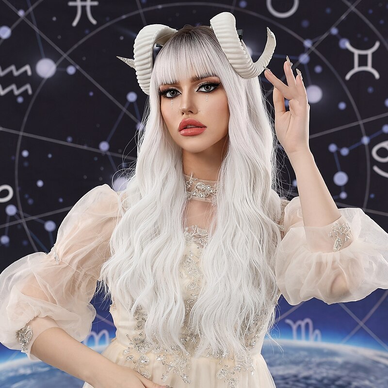 Synthetic Wig Uniforms Career Costumes Princess Curly Wavy Middle Part Layered Haircut Machine Made Wig 24 inch Black / White Synthetic Hair Women's Cosplay Party Fashion White2