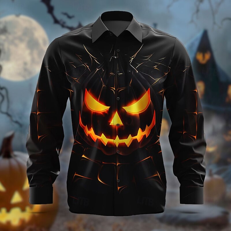 Halloween Men's Grimace Halloween Costumes Button Up Shirt Long Sleeve Horror Party Evening Wear Fall Winter Spring & Summer Shirt Collar 3D Print Orange