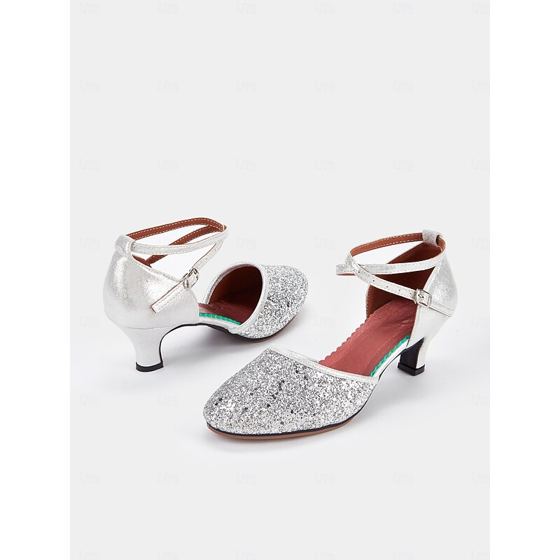 Women's Silver Glitter Latin Dance Shoes with Ankle Strap, Ideal for Ballroom Performances4