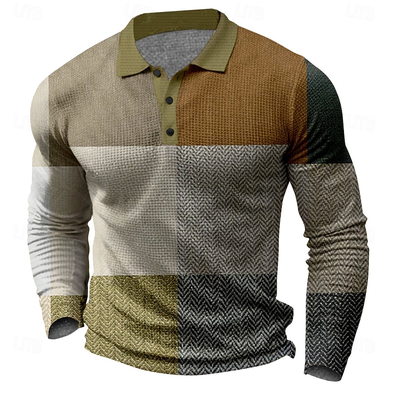 Men's Plaid Golf Shirt Long Sleeve Polo Shirts Collared Shirts Vintage Casual Vacation Wear Formal Wear Festival Wear Buttons 3D Print Spring Fall Winter Dark Brown Black White2