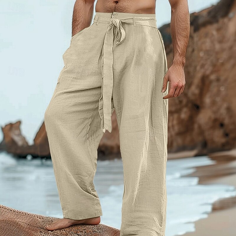 Men's Linen Pants Trousers Summer Pants Drawstring Elastic Waist Straight Leg Plain Comfort Breathable Full Length Outdoor Daily Beach Fashion Streetwear Loose Fit Black White Micro-elastic