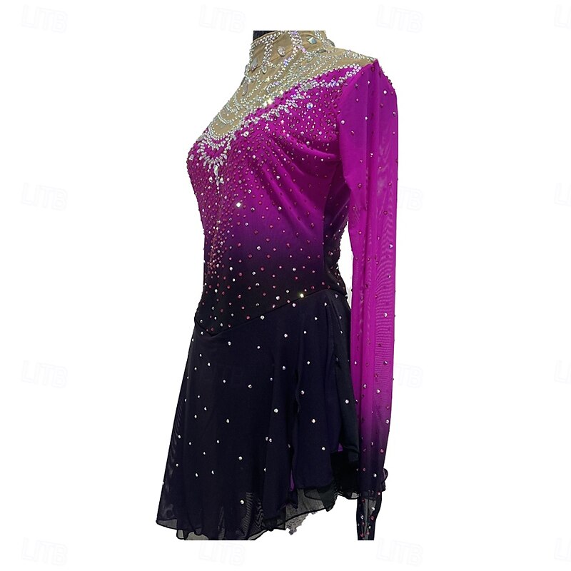 Figure Skating Dress Women's Girls' Ice Skating Dress Rose Red Patchwork Thumbhole Mesh Spandex Stretchy Training Practice Professional Skating Wear Thermal Warm Crystal / Rhinestone Long Sleeve Ice2