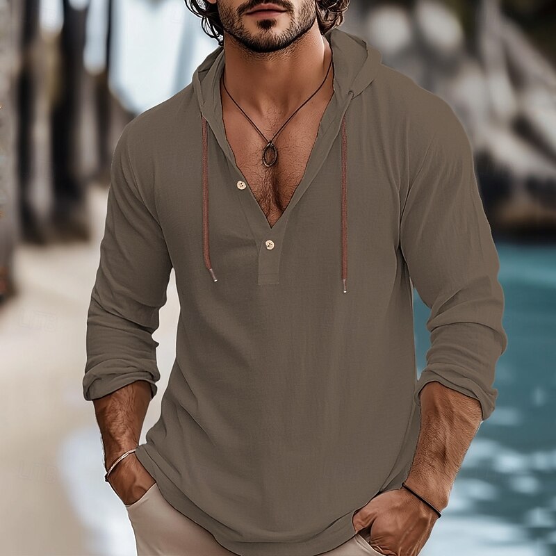 Men's Shirt Linen Shirt Summer Shirt Beach Wear Plain Vacation Curise White Blue Brown Green Long Sleeve Hooded Spring & Summer Clothing Apparel 6