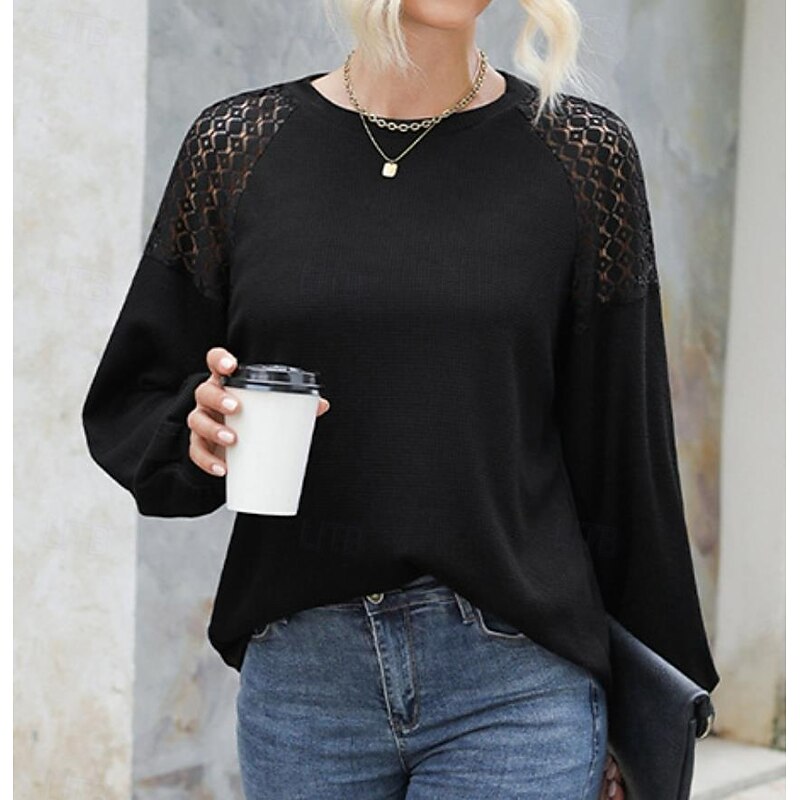 Women's Pullover Elegant Vintage Fashion Plain Work Dailywear Casual Crew Neck Patchwork Loose Fit Long Sleeve Black Brown Green Fall Winter4