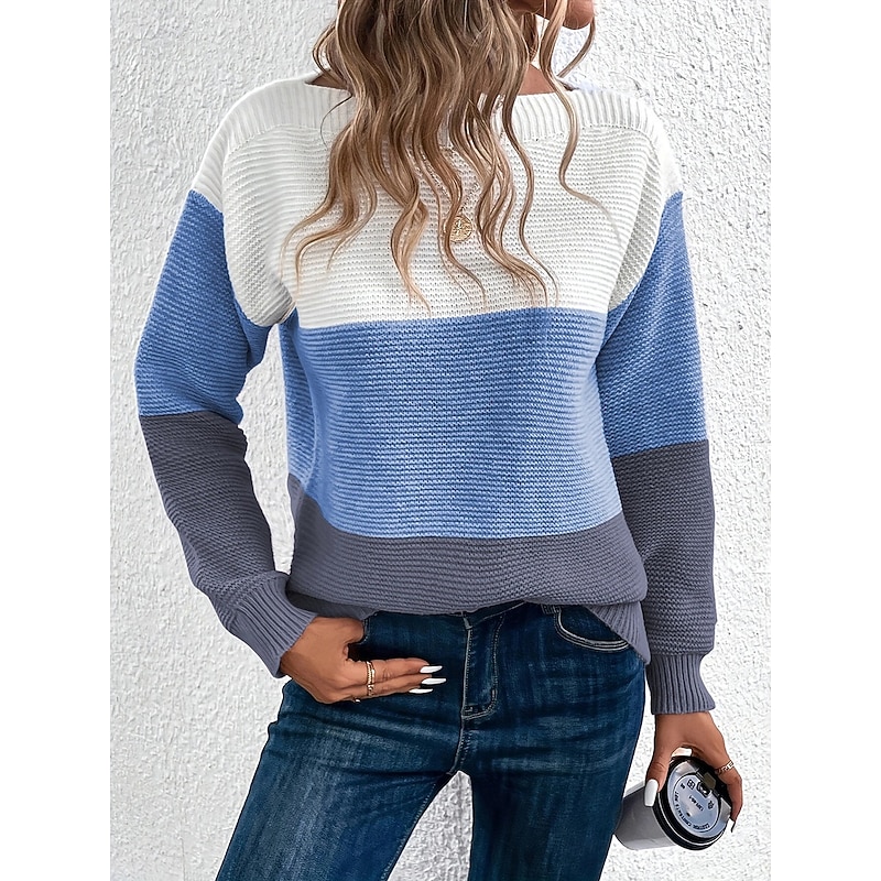 Women's Sweater Casual Soft Color Block Crew Neck Patchwork Long Sleeve Regular Tops Knit Outdoor Daily Pink Blue Spring Fall4