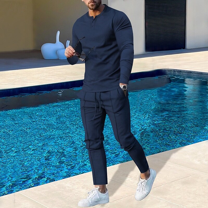 Men's Plain Basic Sweatshirts Sweatshirt Tracksuit Sweatsuit Long Sleeve Sweatshirt Henley Streetwear Basic Casual Sports & Outdoor Daily Holiday 2 Piece Spring &  Fall2