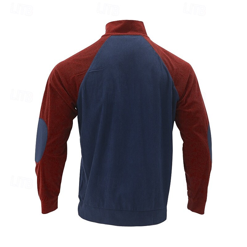 Men's Sweatshirt Apricot Light Khaki. Black Wine Army Green Standing Collar Color Block Patchwork Ribbed Textured Sports & Outdoor Daily Holiday Polyester Corduroy Streetwear Basic Casual Spring4