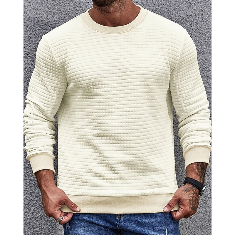 Men's Sweatshirt Waffle Sweatshirt Black Dark Gray Beige Crew Neck Plain Ribbed Textured Knit-texture Sports & Outdoor Daily Holiday Polyester Streetwear Basic Casual Spring &  Fall Clothing Apparel