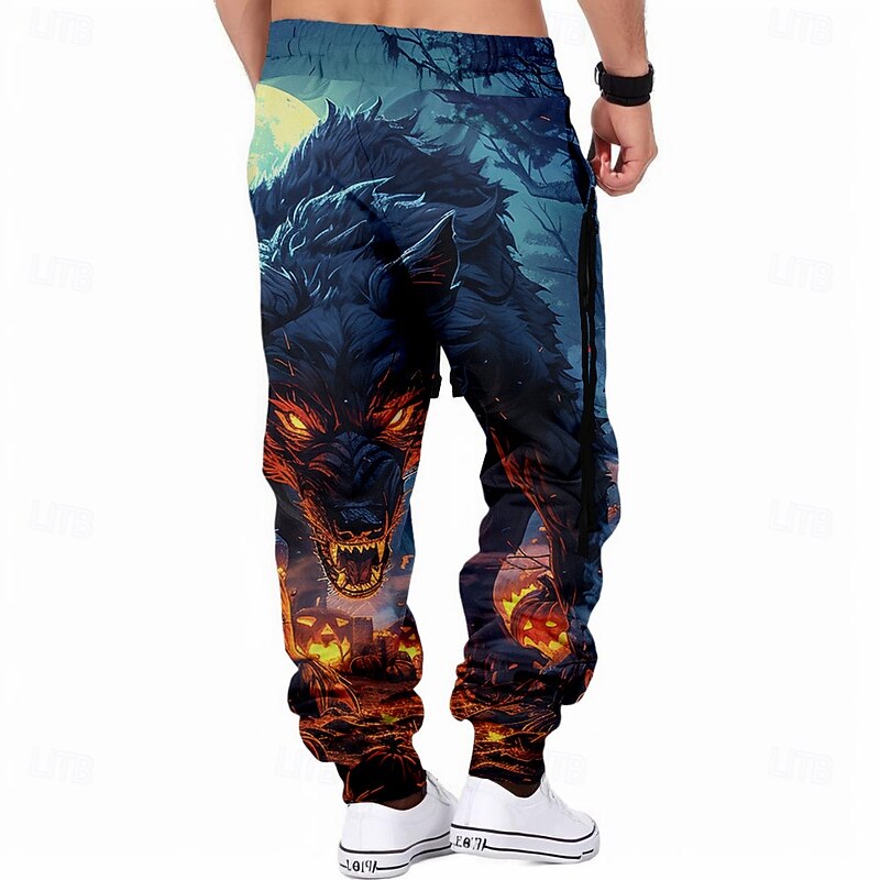Men's Wolf Halloween Costumes Sweatpants Joggers Pants Trousers Mid Waist Drawstring Elastic Waist Western Casual Party Pocket Spring Fall Winter 3D Print Blue2