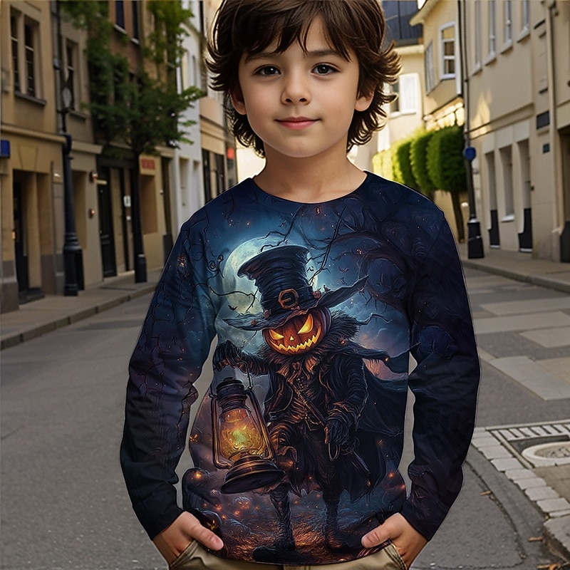 Boys' 3D Graphic Cartoon Pumpkin T shirt Tee Long Sleeve Spring Fall Fashion Basic Kids 4-12 Years Crew Neck Outdoor Casual Daily Regular Fit