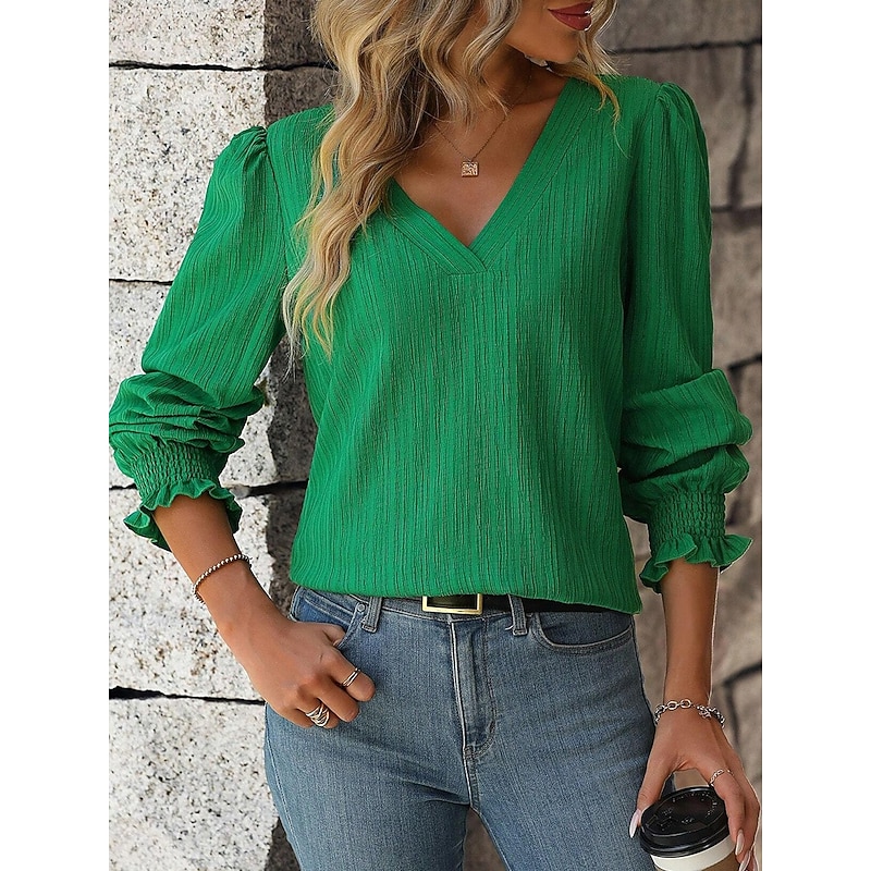 Women's Tunic Blouse Solid Color Stylish Modern Long Sleeve Puff Sleeve V Neck Regular Tops Work Daily Ruffle Pink Purple Green Light Blue Spring Fall