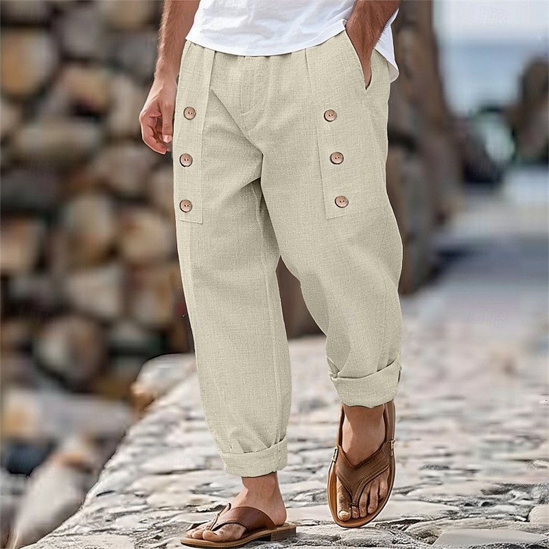 Men's Linen Pants Trousers Summer Pants Buttons Front Pocket Pleats Plain Comfort Breathable Full Length Casual Daily Holiday Fashion Basic Loose Fit Black White - Main Image