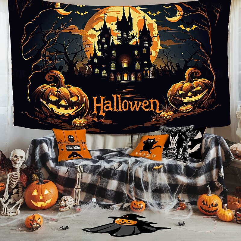 Halloween Decorations Hanging Tapestry Evil Pumpkin Castle Wall Art Large Tapestry Mural Decor Photograph Backdrop Blanket Curtain Home Bedroom Living Room4