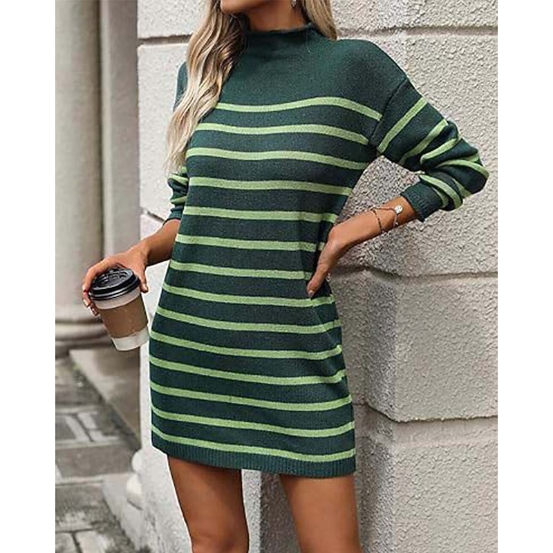Women's Sweater Dress Casual Striped Mock Neck Print Long Sleeve Regular Tops Knit Work Daily White / Black Green Fall Winter4