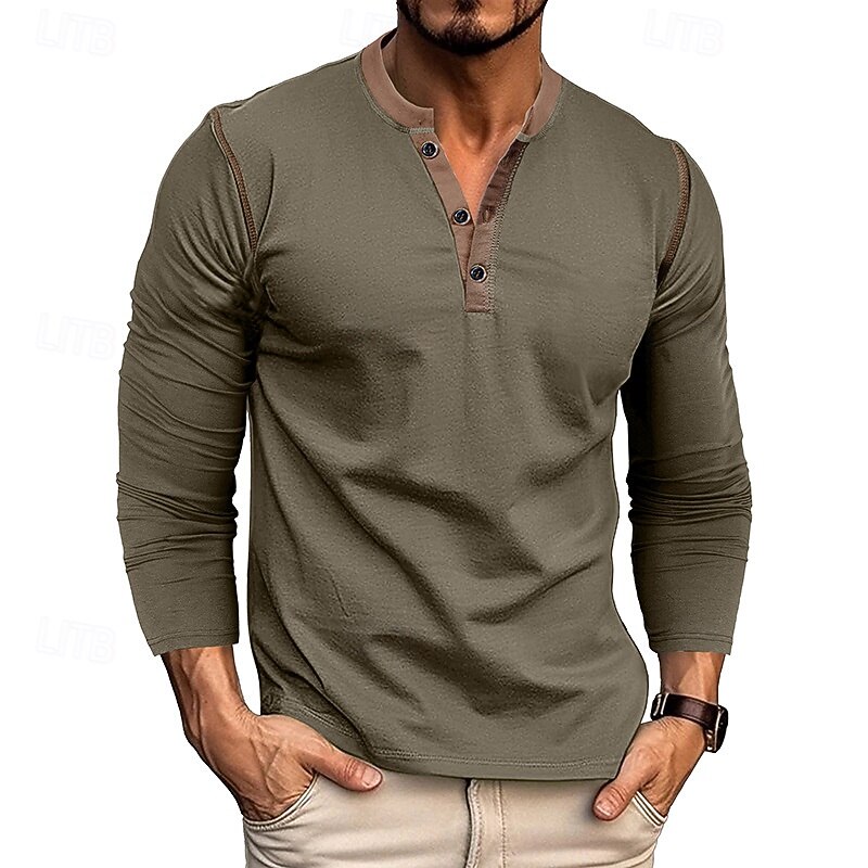 Men's Button T Shirt T Shirt Henley Shirt Tee Long Sleeve Henley Spring &  Fall Color Block Fashion Designer Basic Patchwork Vacation Street Going out Wine Black White Top Tee for Men4