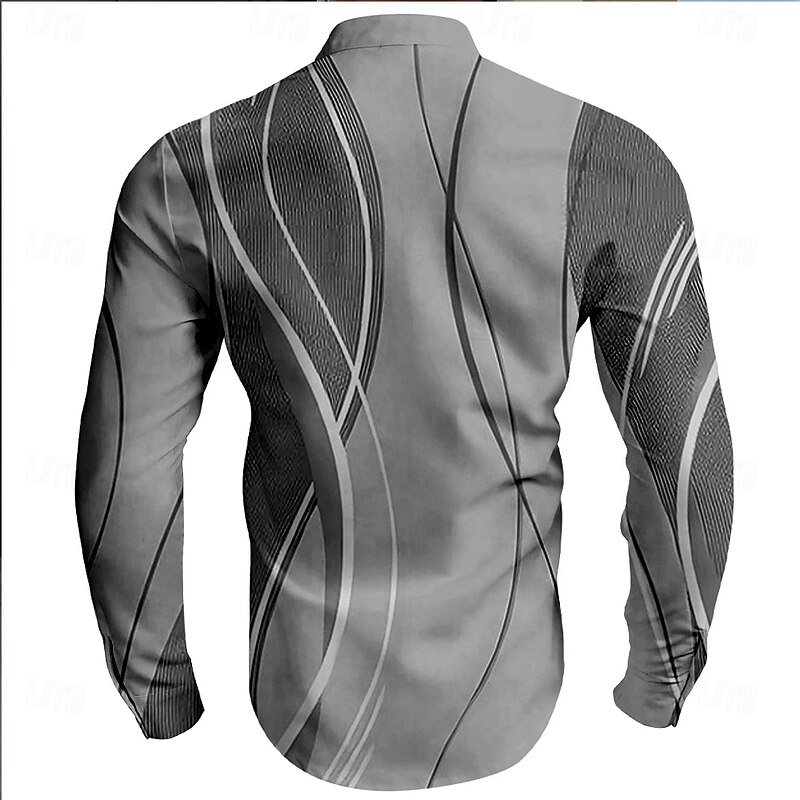 Men's Striped Geometric Pattern Dress Shirt Button Up Shirt Long Sleeve Business Casual Vacation Daily Summer Spring &  Fall Grandad Collar Band Collar 3D Print Blue Gray3