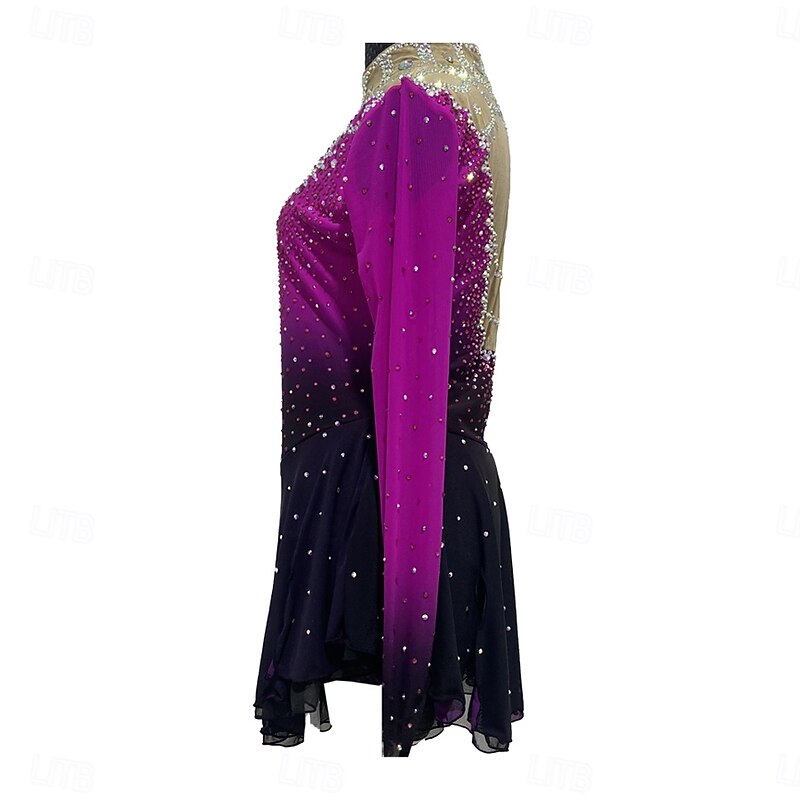 Figure Skating Dress Women's Girls' Ice Skating Dress Rose Red Patchwork Thumbhole Mesh Spandex Stretchy Training Practice Professional Skating Wear Thermal Warm Crystal / Rhinestone Long Sleeve Ice3