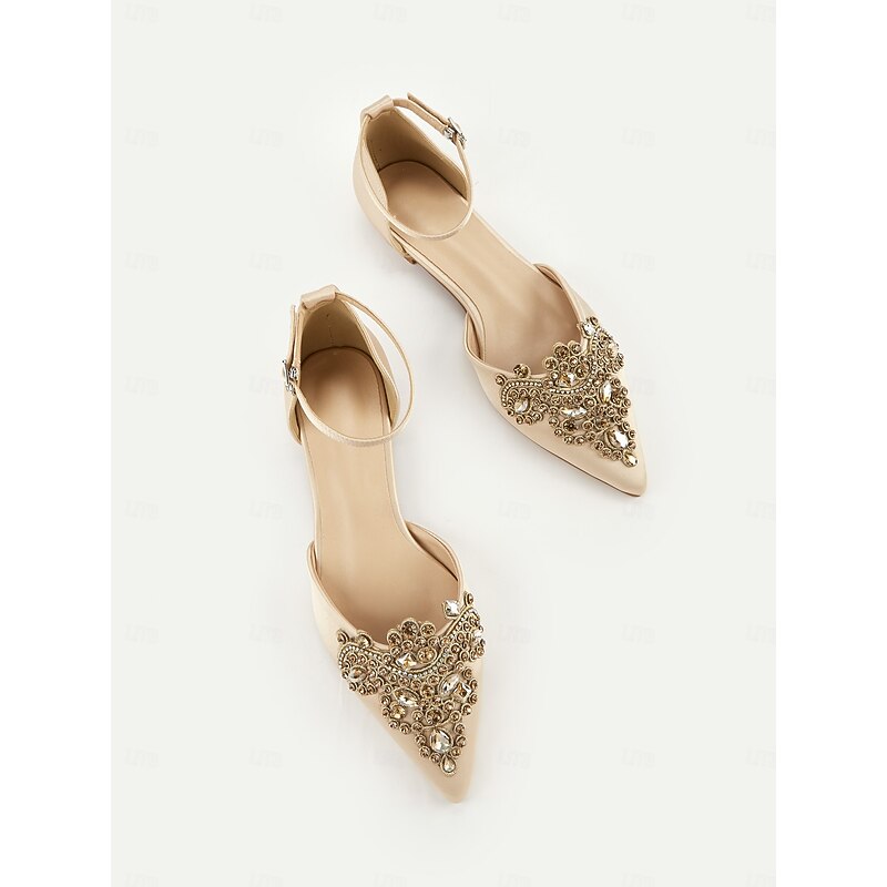 Women's Ivory Satin Flats with Rhinestone Embellishments - Elegant Pointed-Toe Design for Weddings and Formal Events4