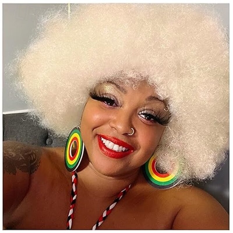 Afro Wig For Women 70s Afro Wigs Natural Looking Afro Kinky Curly Wigs With Bangs Short Bouncy Afro Curly Wig Soft Afro Puff Wig Synthetic Hair Afro Wig For Daily Party