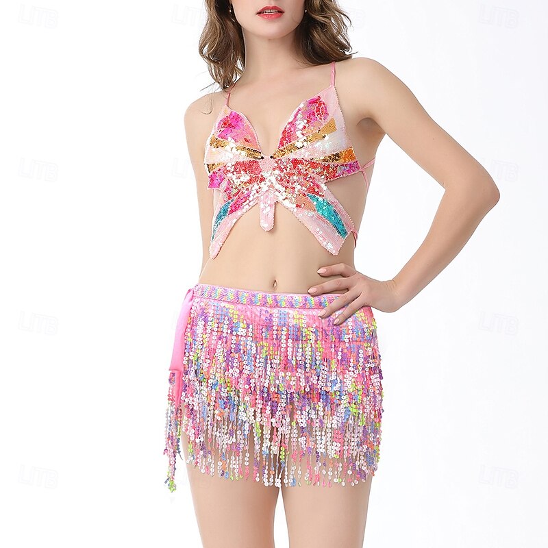 Belly Dance Vest Glitter Tassel Splicing Women's Performance Training Sleeveless Natural Sequined3