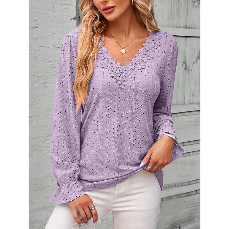 Women's Elegant Lace Tops Eyelet Blouse Solid Color Lace Eyelet Flutter Sleeve Long Sleeve Regular Tops V Neck Daily Romantic Petite Tops Summer Holiday Wear Pink Blue Purple Green Spring Fall3
