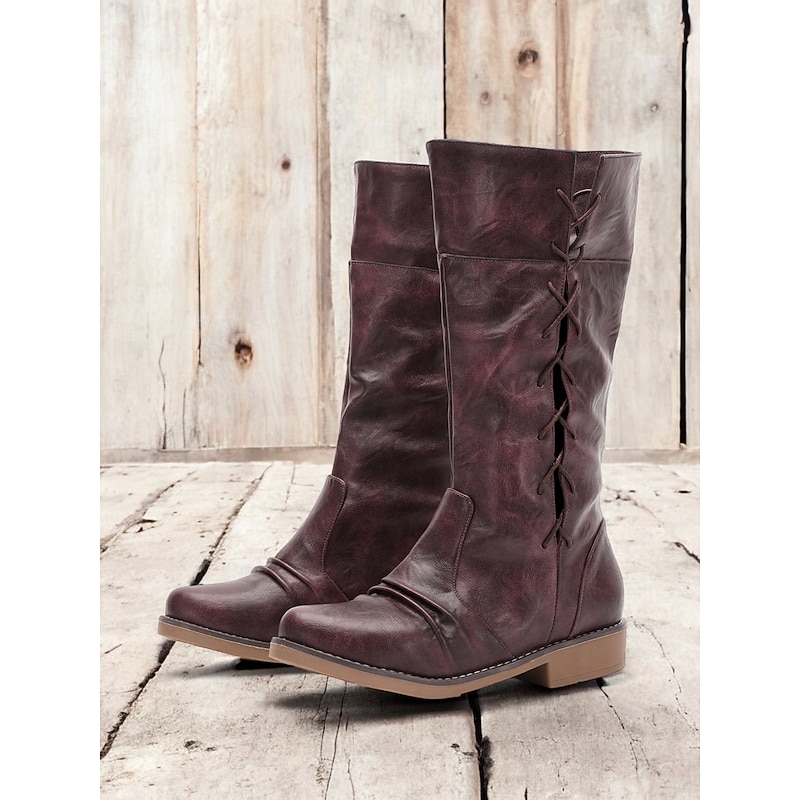 Women's Burgundy Convertible Mid-Calf Boots with Fold-Down Cuff and Lace-Up Detail - Versatile Vintage-Inspired Footwear for Casual and Fall Outfits4