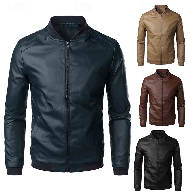 Men's Leather Jacket Casual Jacket Biker Jacket Daily Vacation Windproof Warm Pocket Fall & Winter Plain Fashion Classic Stand Collar Regular Faux Leather Black Brown Jacket