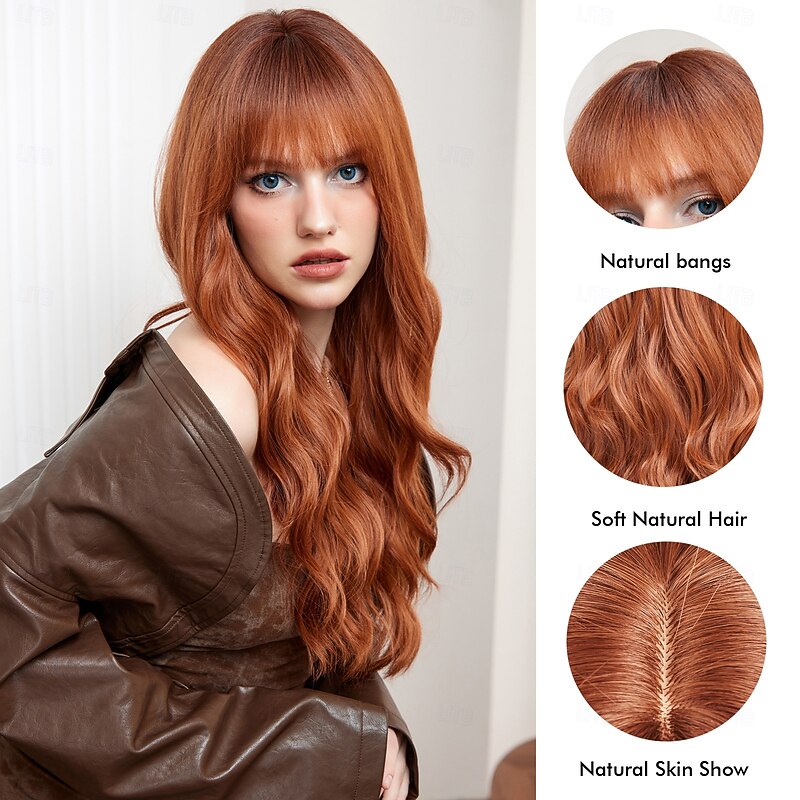 Synthetic Wig Curly Wavy Neat Bang With Bangs Machine Made Wig 26 inch Orange Synthetic Hair Women's Cute Cosplay Party Orange3