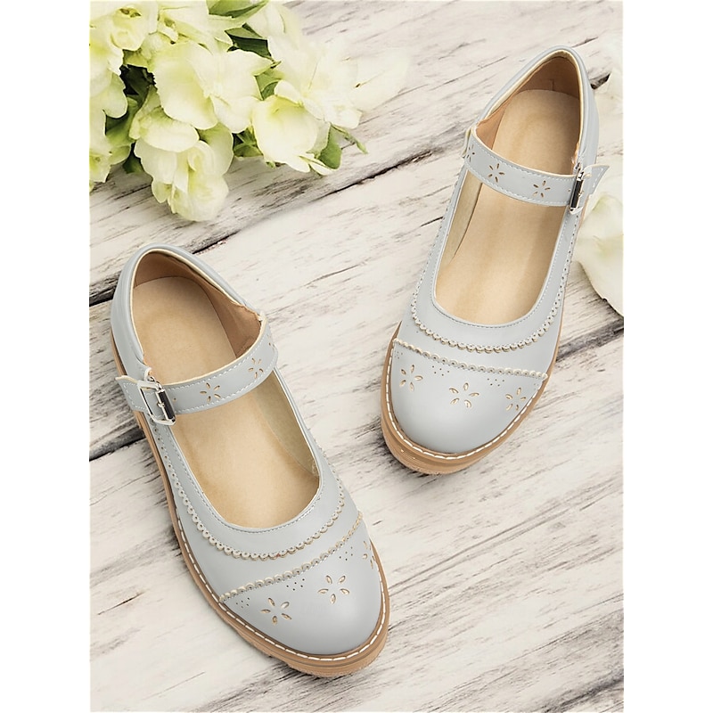 Women's Vintage Mary Jane Flats - Grey Leather with Cutout Floral Design and Buckle Strap, Perfect for Casual and Formal Wear