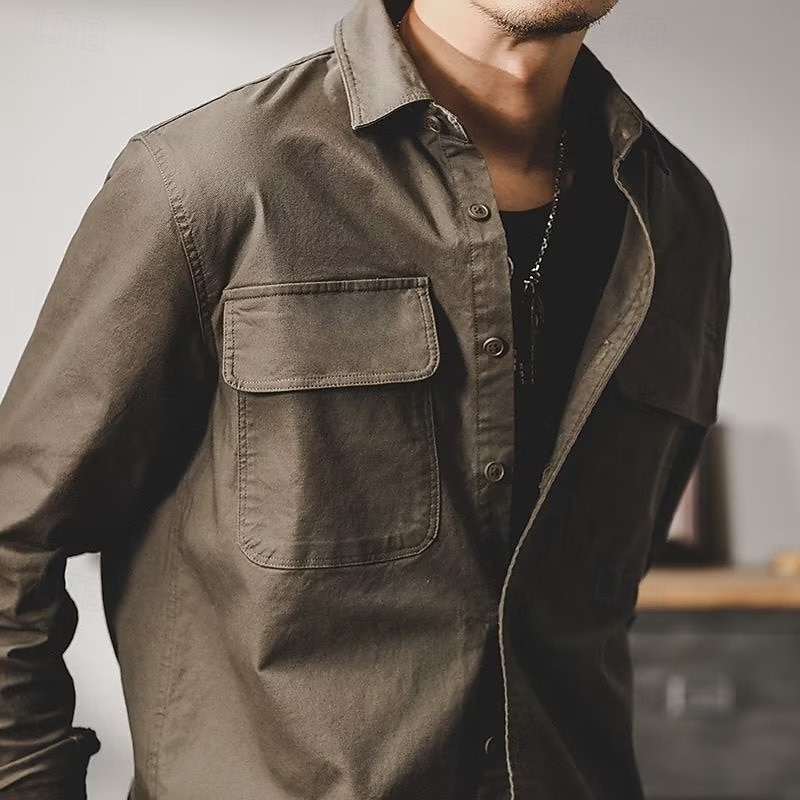 Men's Shirt Workwear Shirts Work Shirt Button Up Shirt Cargo Shirt Green khaki Long Sleeve Plain Lapel Vacation Holiday Front Pocket Clothing Apparel Fashion Casual Comfortable3
