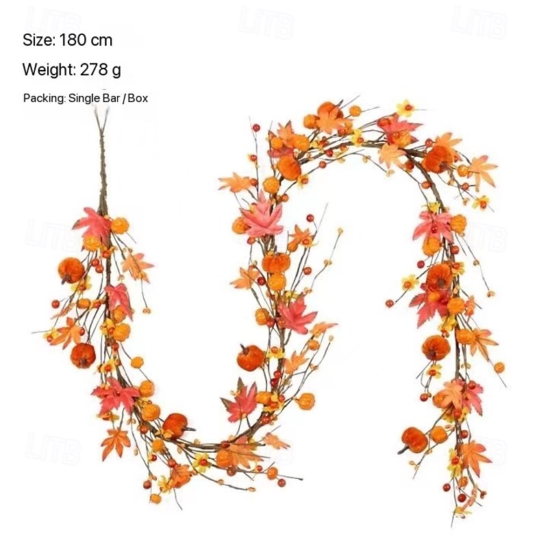 Fall Artificial Maple Leaf and Pumpkin Garland 180cm- Perfect for Home, Party, and Door Hanging Decorations.3
