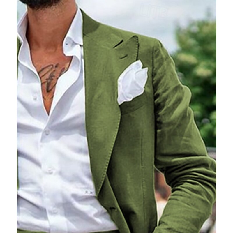 Men's Wedding Beach Linen Suits Peak Black Sky Blue Solid Colored Tailored Fit 2 Piece Single Breasted Two-buttons3