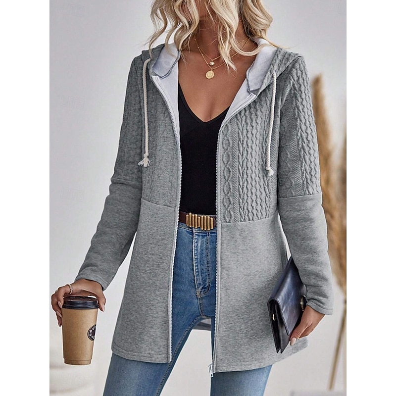 Women's Winter Jacket Coat Textured Jackets Athleisure Holiday Daily Wear Fall Winter Regular Coat Regular Fit Stylish Casual Jacket Long Sleeve Solid Color Drawstring Full Zip Black Gray