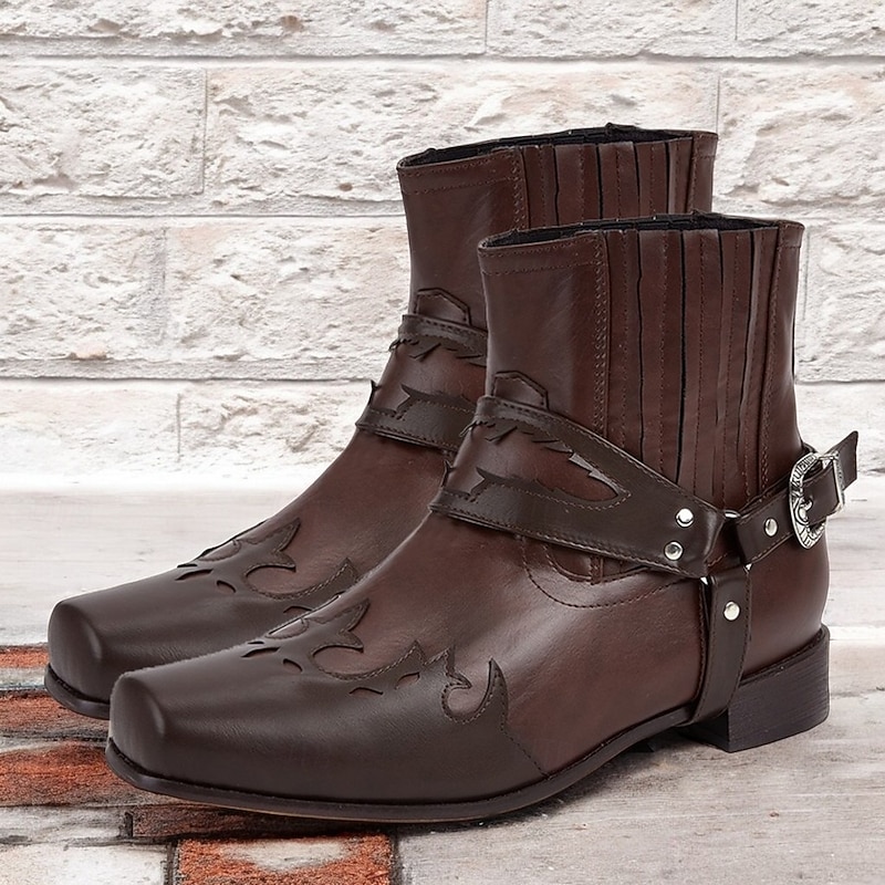 Men's Brown Western Cowboy Boots - Stylish Leather Embossed Ankle Boots for Casual Wear and Outdoor Activities