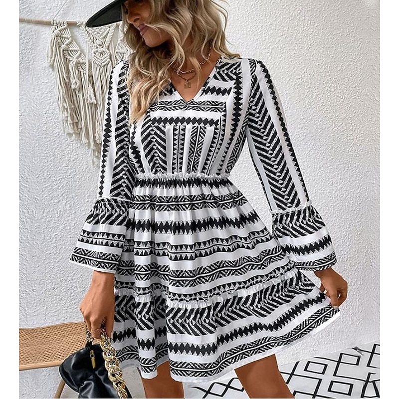Women's Geometric Print V Neck Midi Dress 3/4 Length Sleeve Spring Fall3