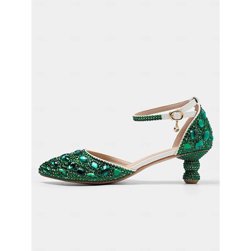 Women's Green Rhinestone Pointed-Toe Heels with Ankle Strap - Glamorous Jewel-Embellished Pumps for Evening and Special Occasions3