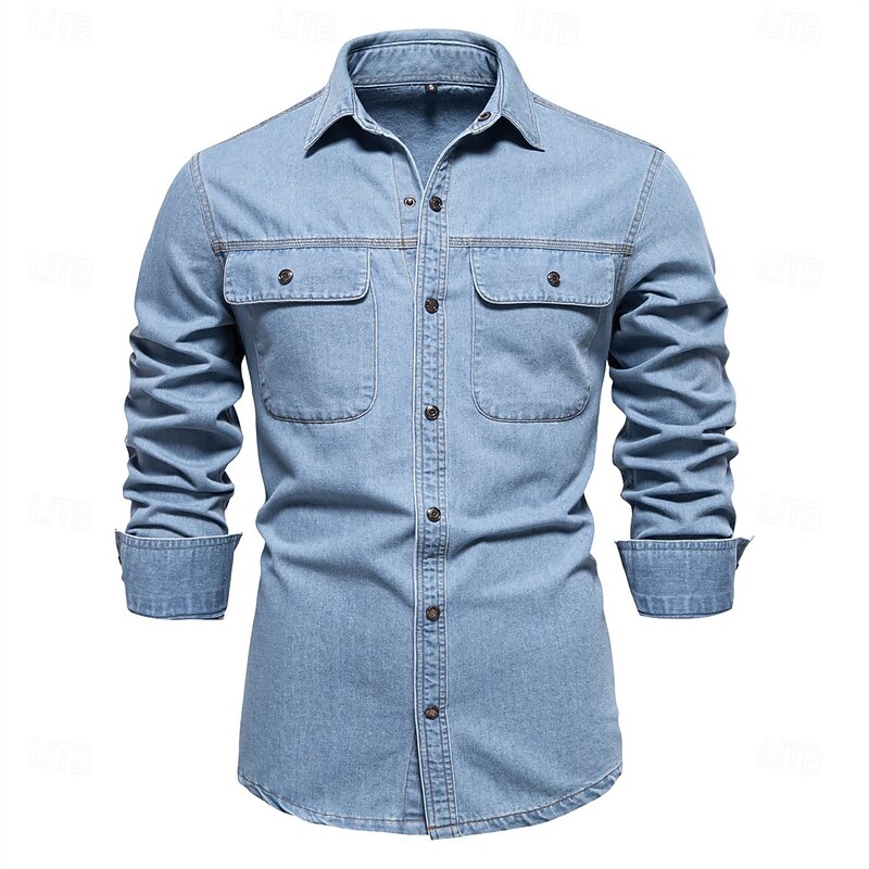Men's 100% Cotton Shirt Button Up Shirt Casual Shirt Button Down Shirt Blue Long Sleeve Solid Color Turndown Shirt Collar Outdoor Work Pocket Clothing Apparel Neutral Daily Sports & Outdoors3