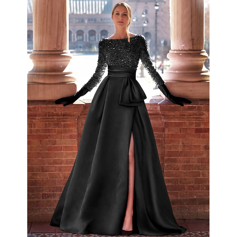 A-Line Evening Gown Elegant Dress Formal Floor Length Long Sleeve Jewel Neck Satin with Glitter Slit4