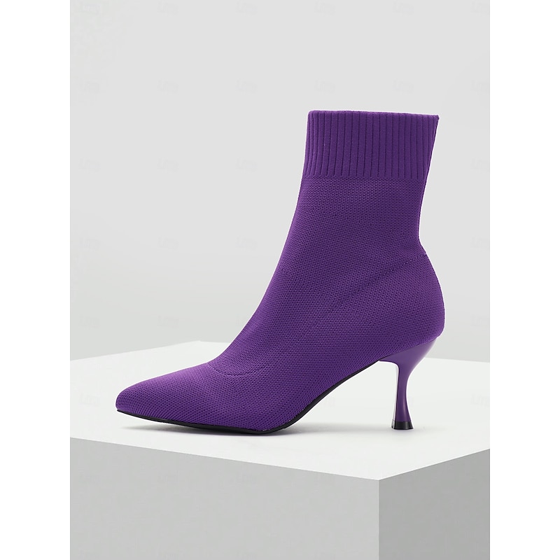 Elegant Women's Purple Knit Ankle Boots with Pointed Toe and Kitten Heel - Ideal for Parties and Casual Outings