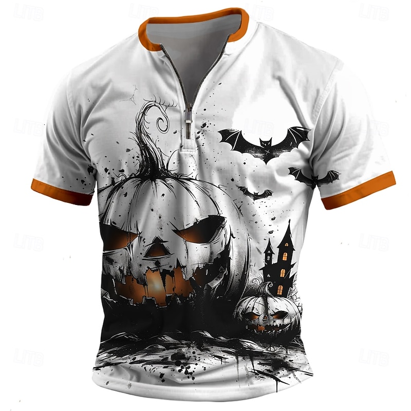 Men's Pumpkin T Shirt Short Sleeve T shirt 3D Print Half Zip Shirt Retro Vintage Street Casual Daily White Summer Spring Clothing Apparel S M L XL XXL XXXL - Main Image