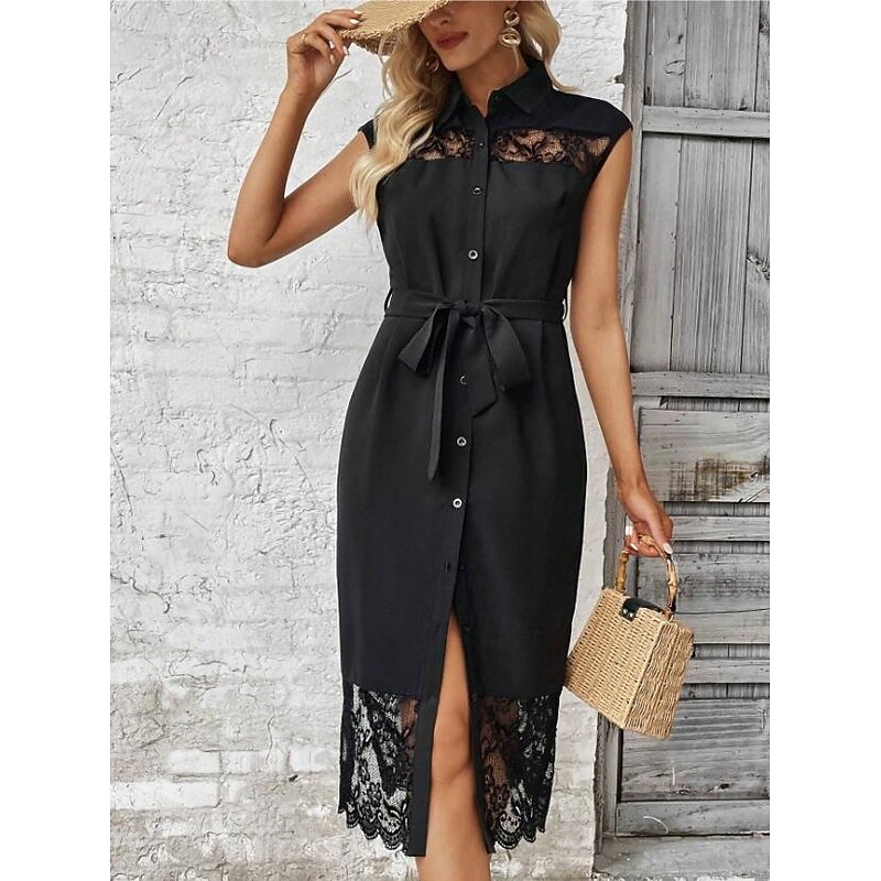 Women's Midi Dress Black Dress Cocktail Dress Formal Dress Plain Dress Casual Street Date Regular Fit Plain Sleeveless Shirt Collar Black Summer Spring